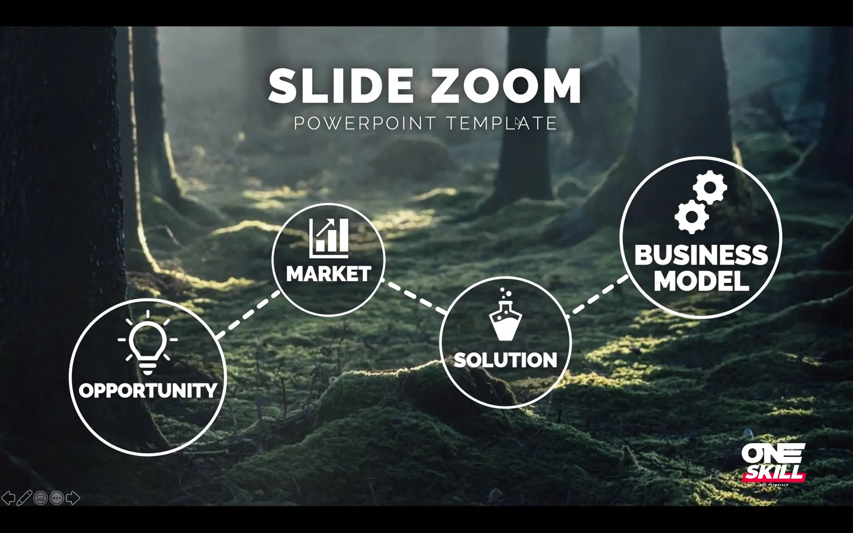 Final home slide with title, subtitle, logo, and connected section zooms