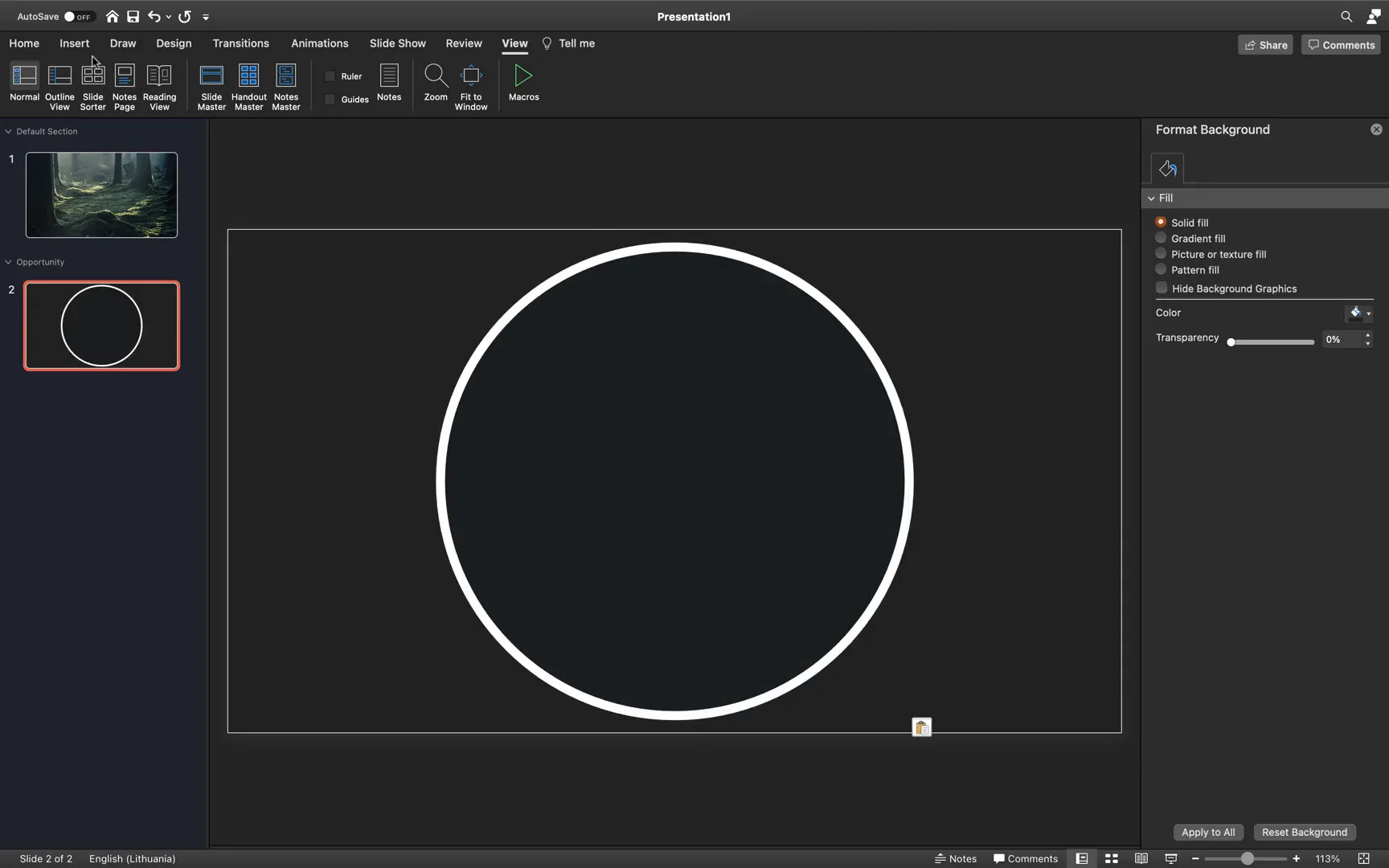 Circle shape with white outline and transparent fill aligned center on dark slide