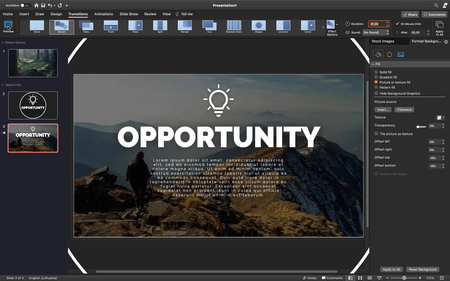 Morph transition applied between Opportunity slides with shadowed text and icon