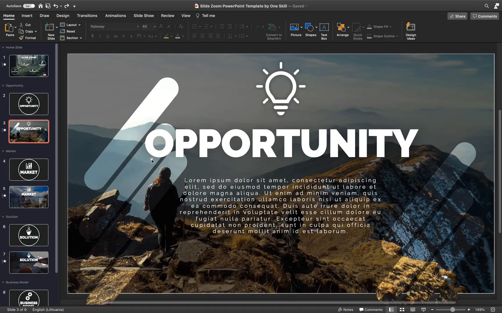 Light bulb icon and Opportunity text on dark slide