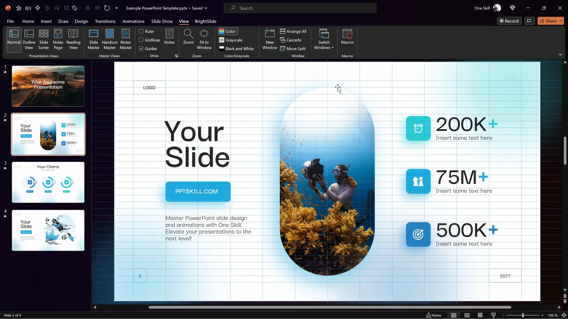 Multiple guides set up in PowerPoint using BrightSlide plugin