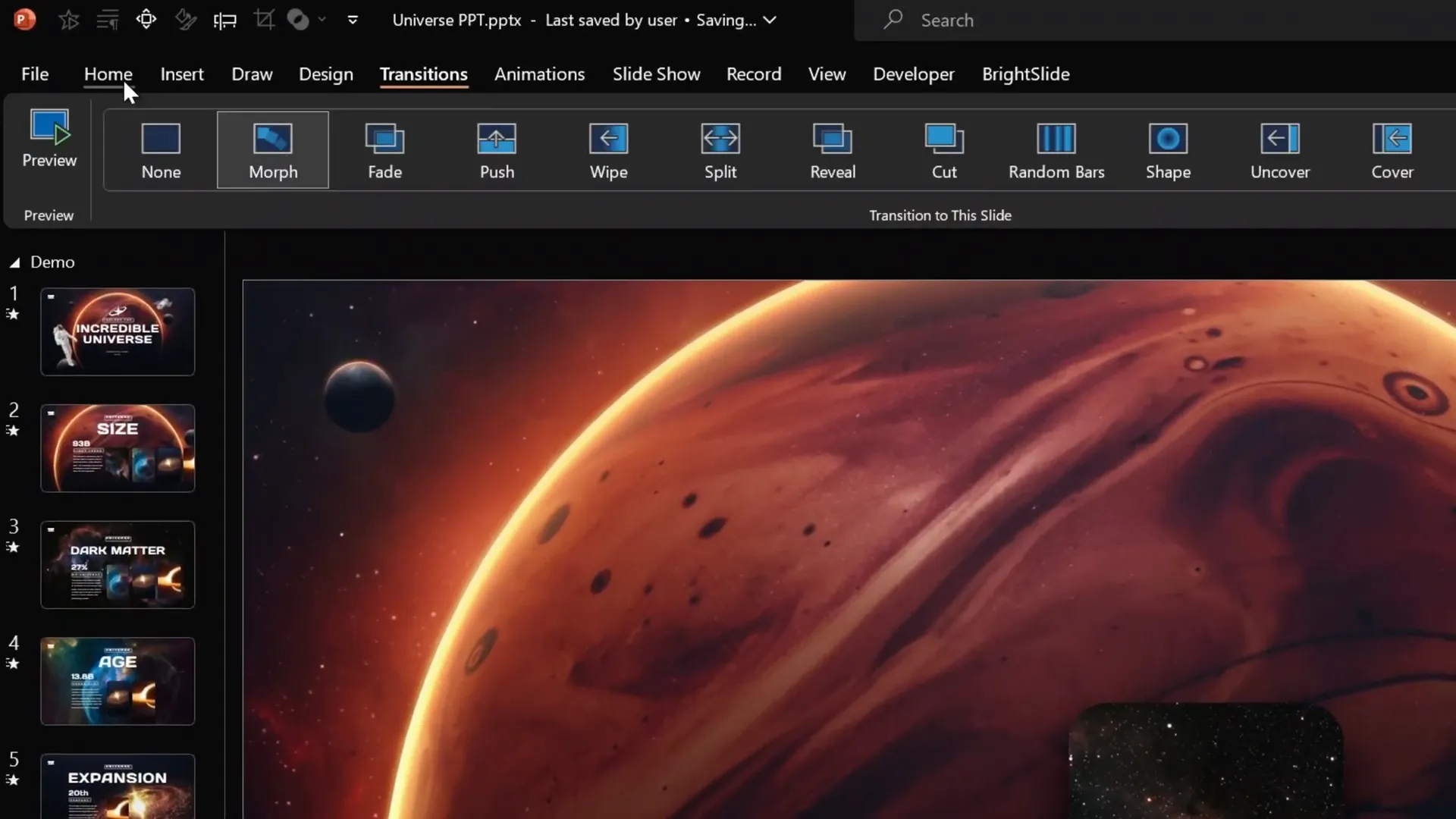 Morph transition selected in PowerPoint