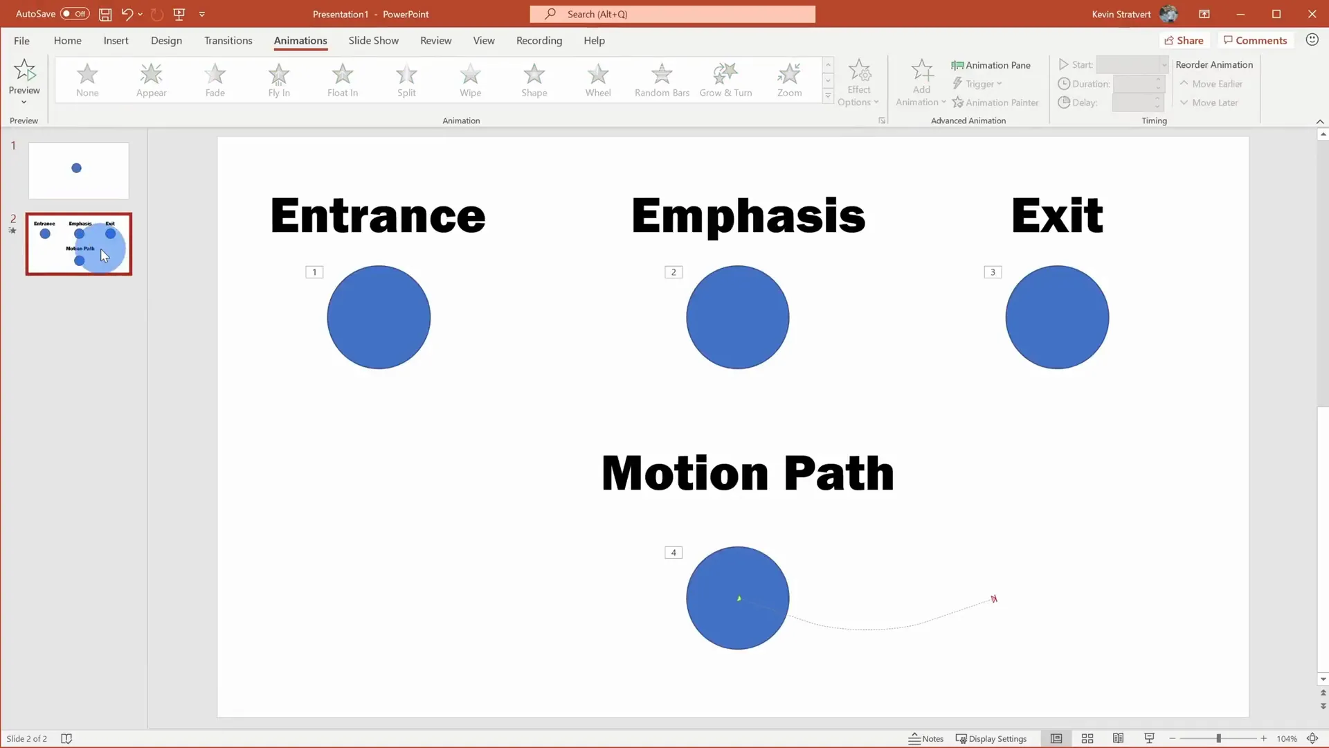 Animation categories in PowerPoint: entrance, emphasis, exit, motion paths