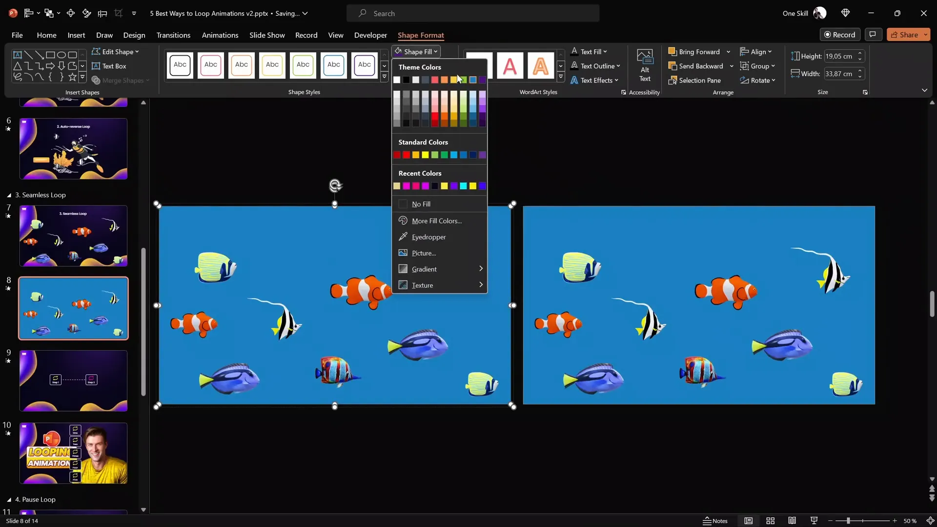 Grouped fishes and rectangles for seamless loop animation
