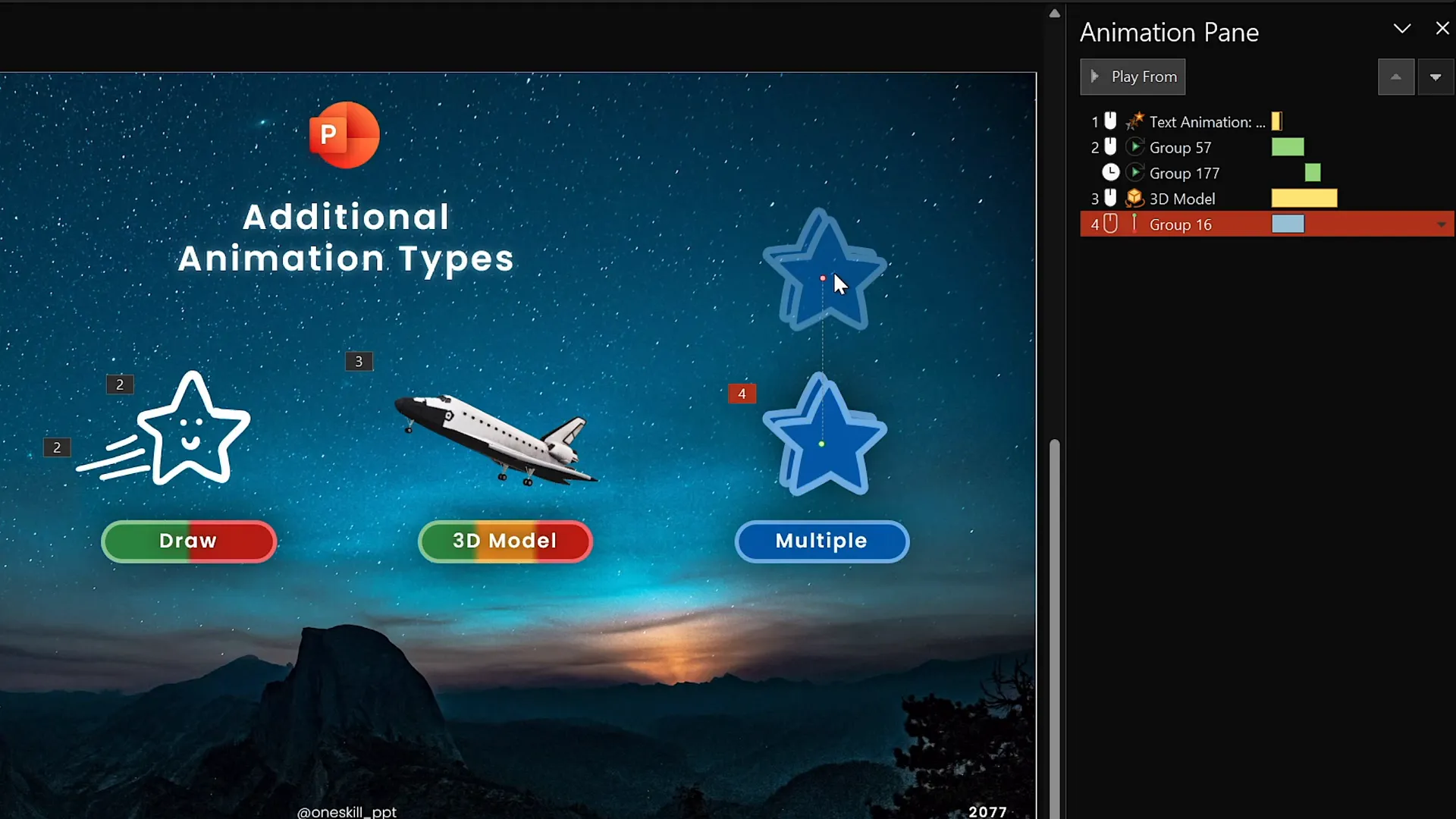 Group of blue stars with motion path and spin animations