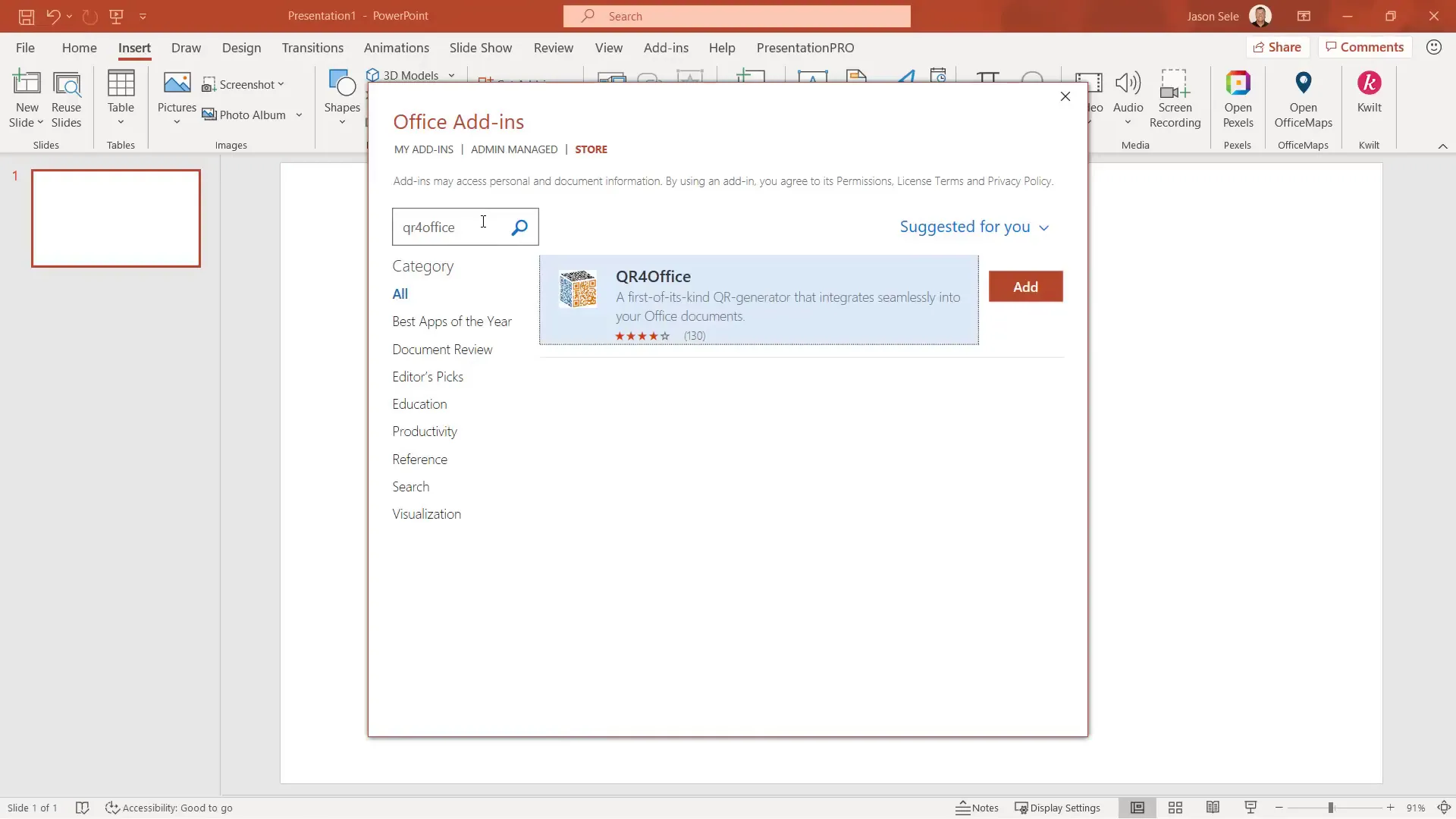 QR for Office add-in generating a QR code in PowerPoint