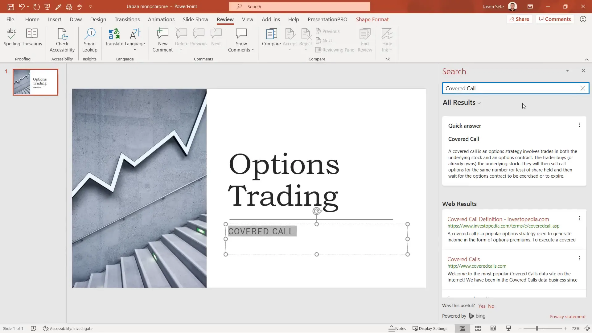 Using Smart Lookup in PowerPoint to research selected text