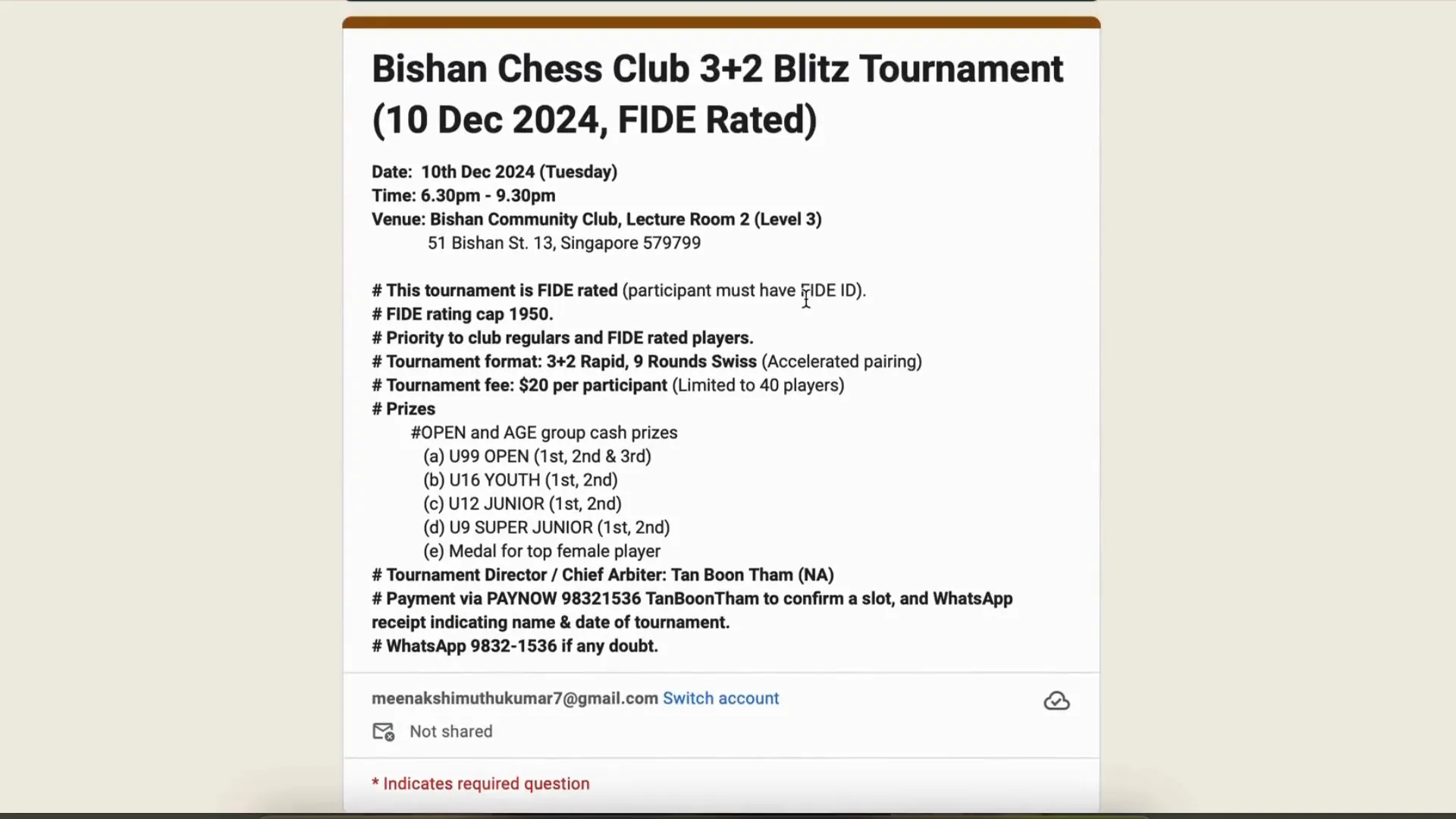 Tournament details with registration form