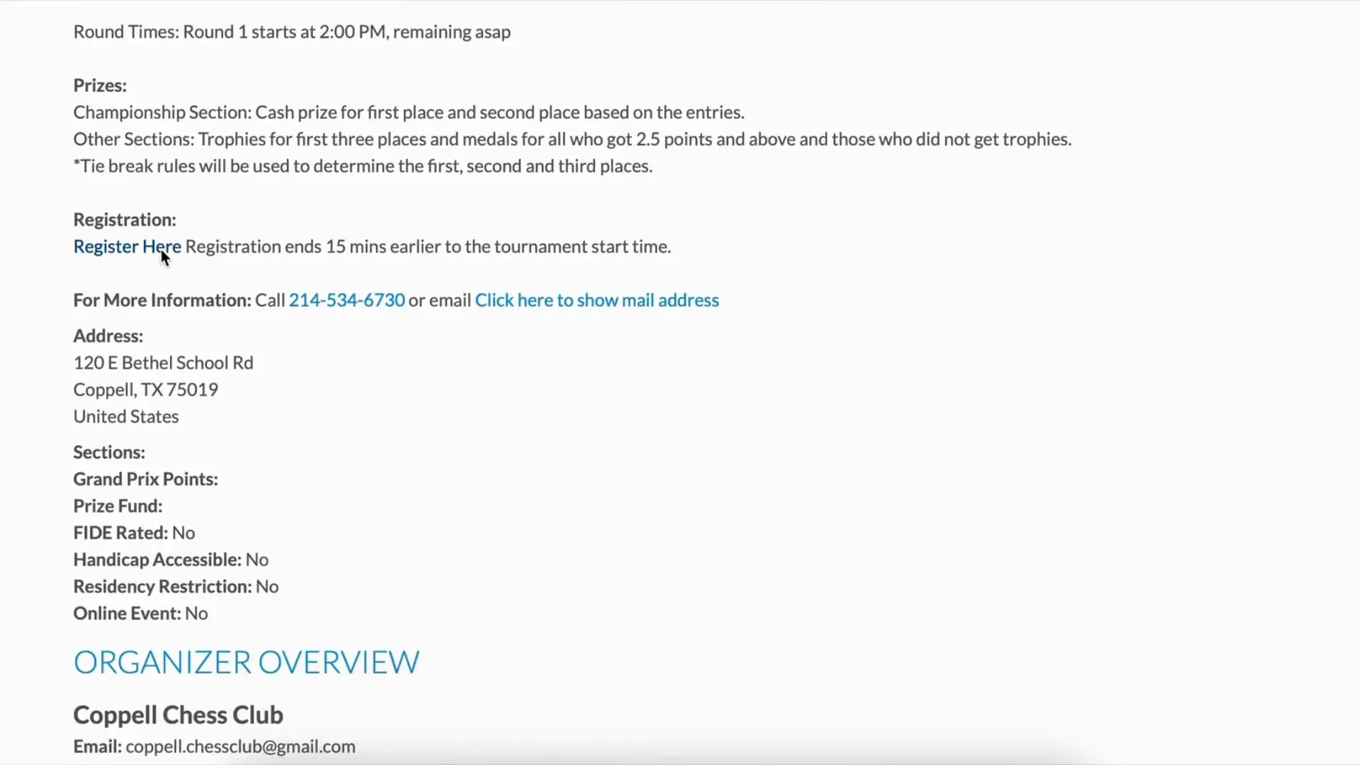 Viewing tournament details and registration links