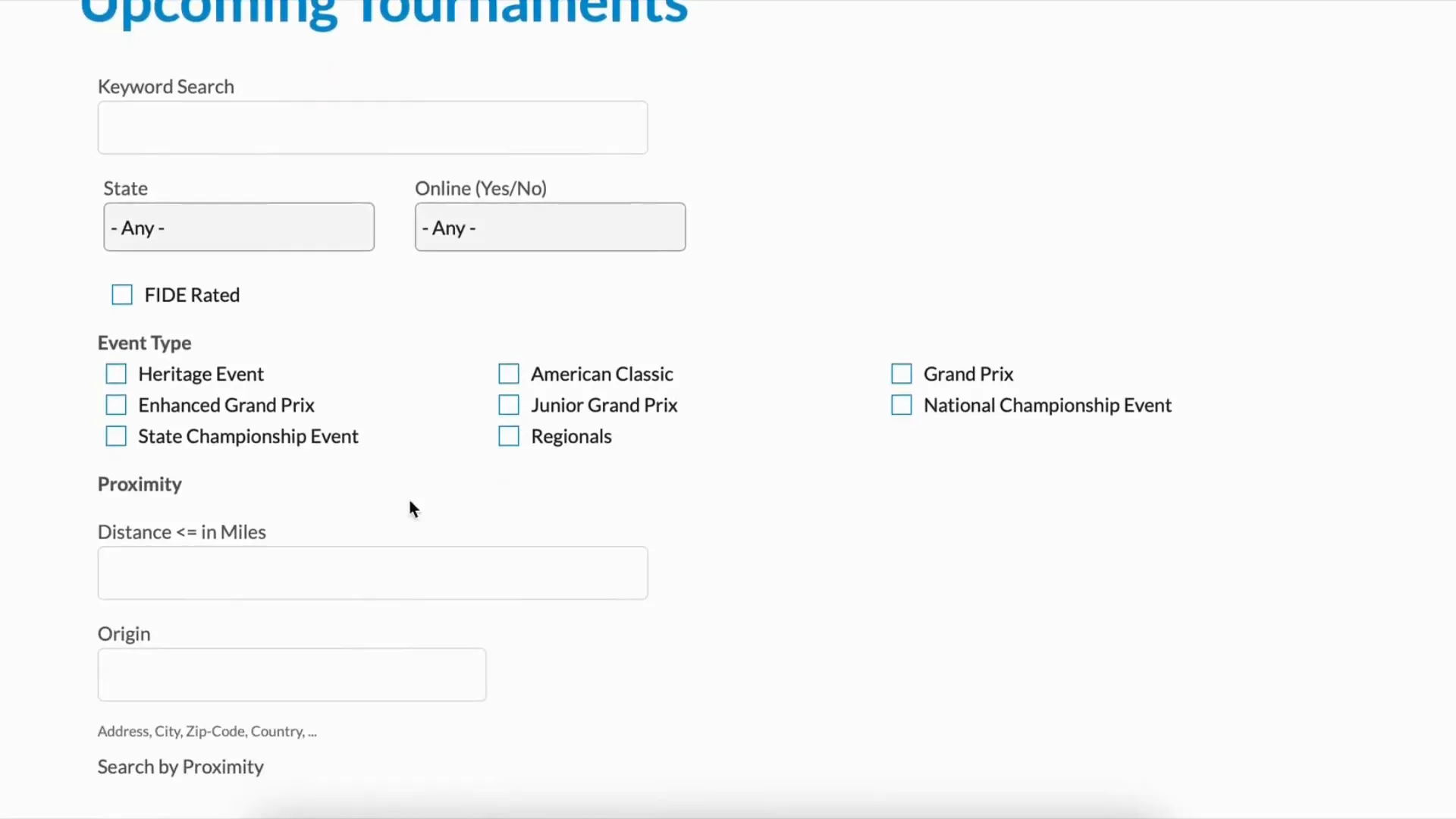 Filtering tournament options on US Chess Federation website