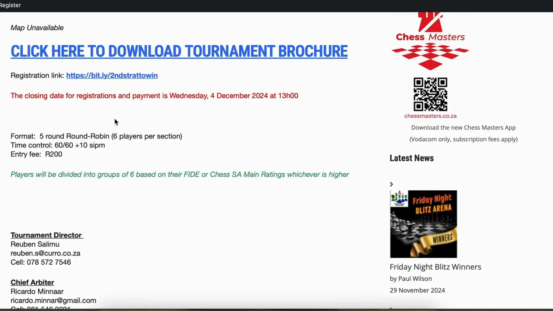 Example of tournament registration options