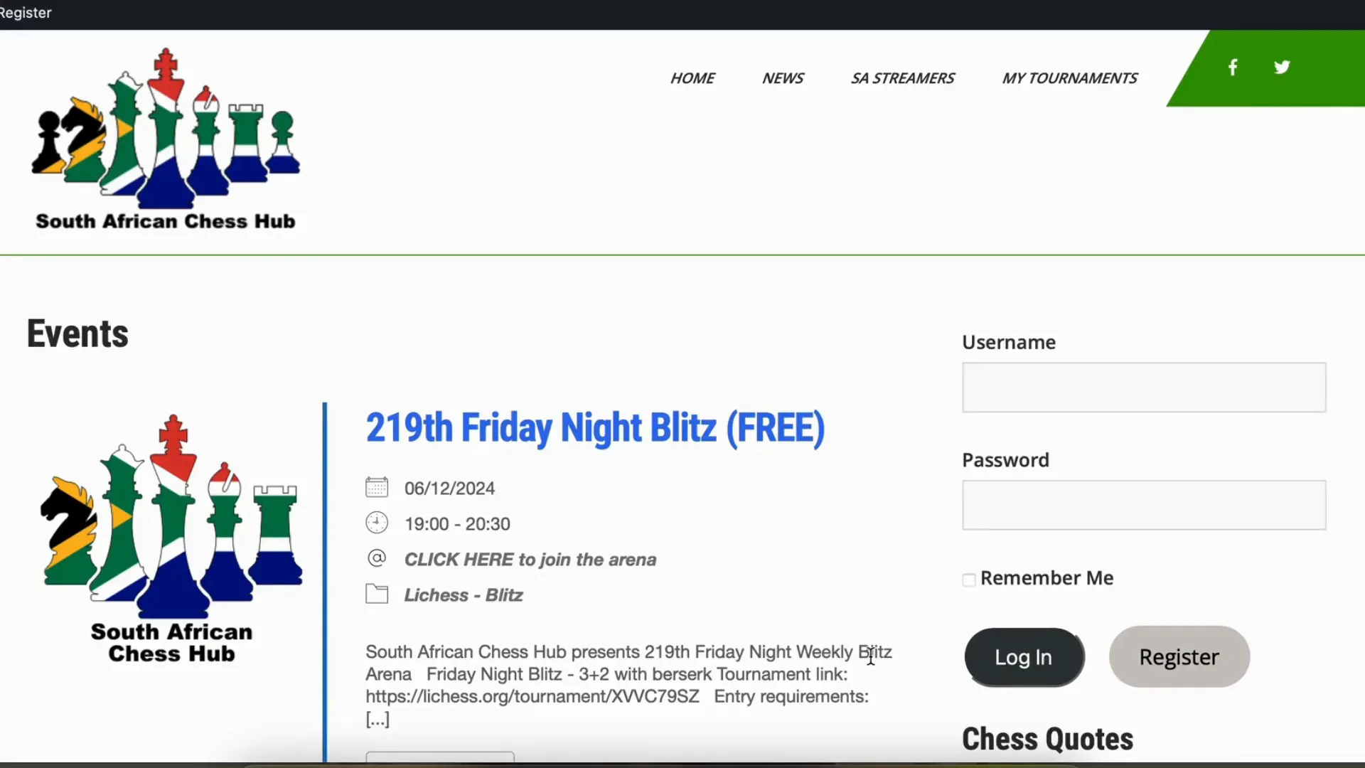 South African Chess Hub website homepage