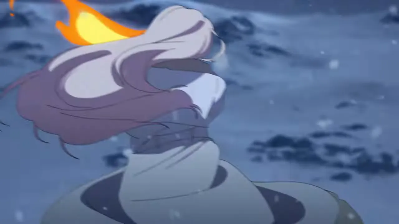 吹雪の中でマントを翻し振り向くジュイスの後ろ姿、背景に雪と炎の光が揺れるシーン