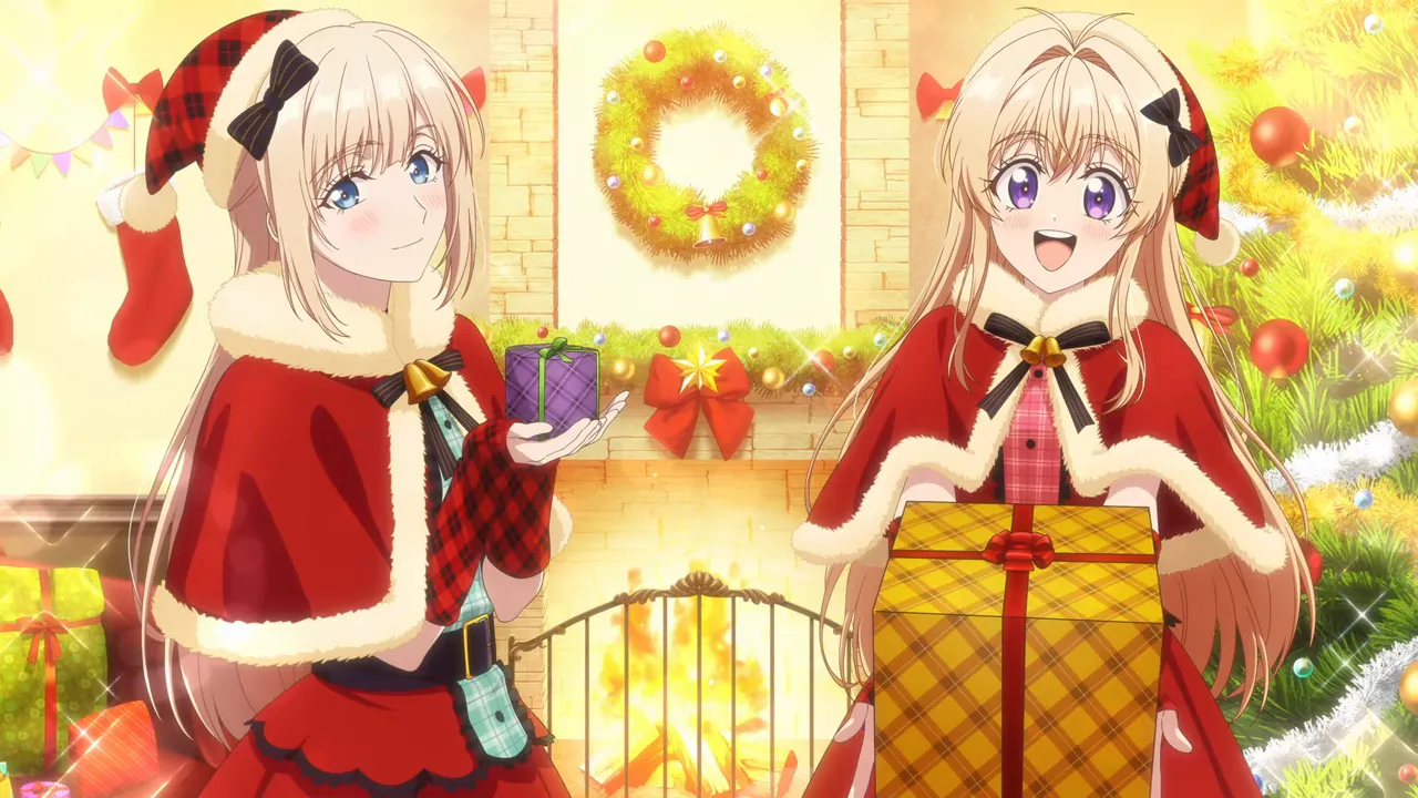 暖炉とクリスマスツリーの前でプレゼントを持ち笑顔の二人の少女のクリスマス風景