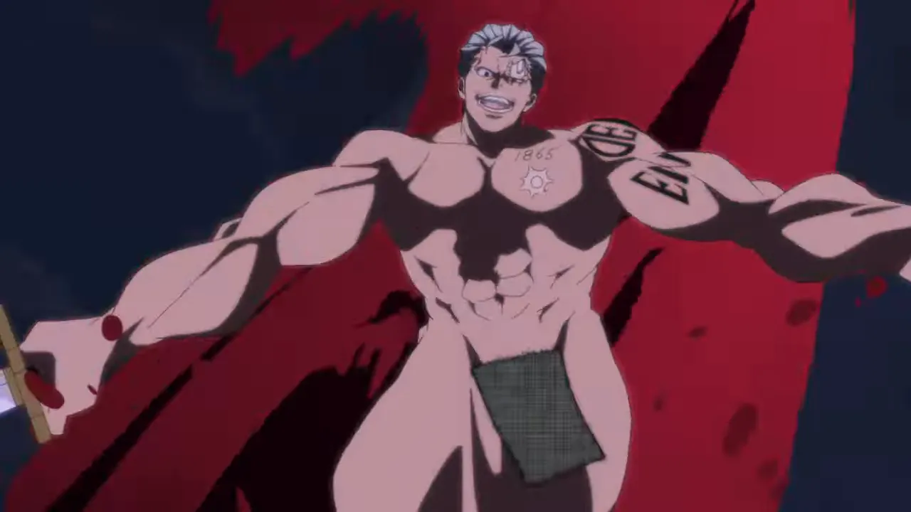 赤いマントを翻し全身を見せるアンディの決めポーズ。挑発的な表情と大胆な構図で動きを強調している。