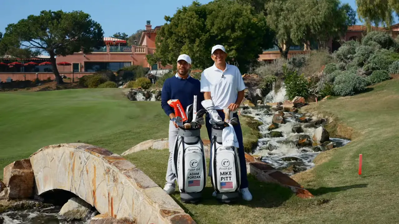 Two instructors standing with golf bags beside a stream and a bridge — closing shot from the lesson video.