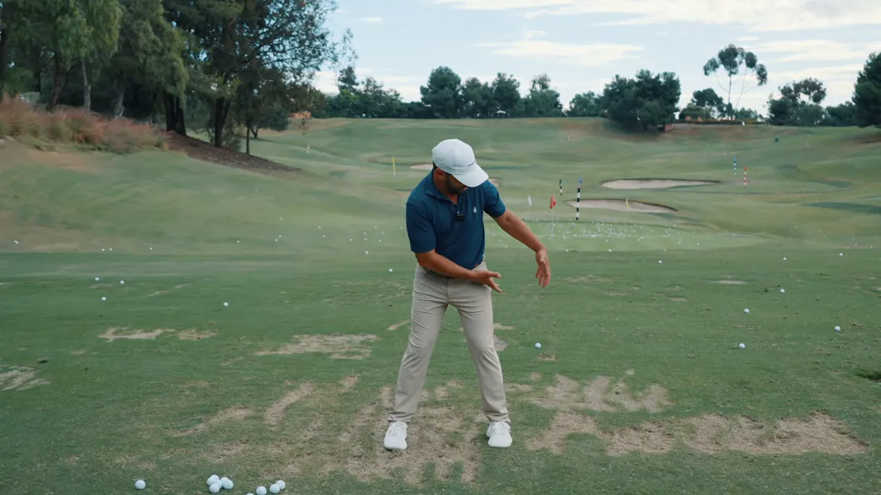 Golf instructor demonstrating a lead-hip bump and torso rotation on the driving range to create an anchor point