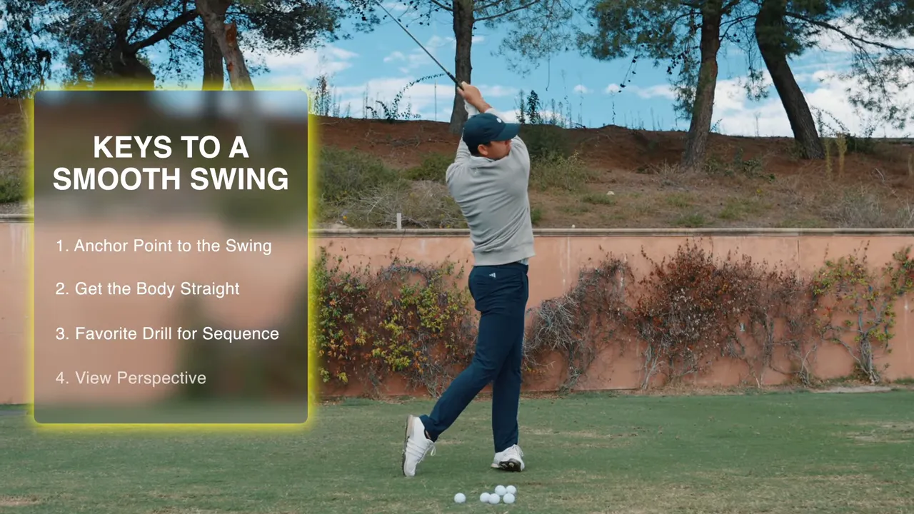 Golfer finishing a swing showing hip bump and follow-through with 'Keys to a Smooth Swing' overlay