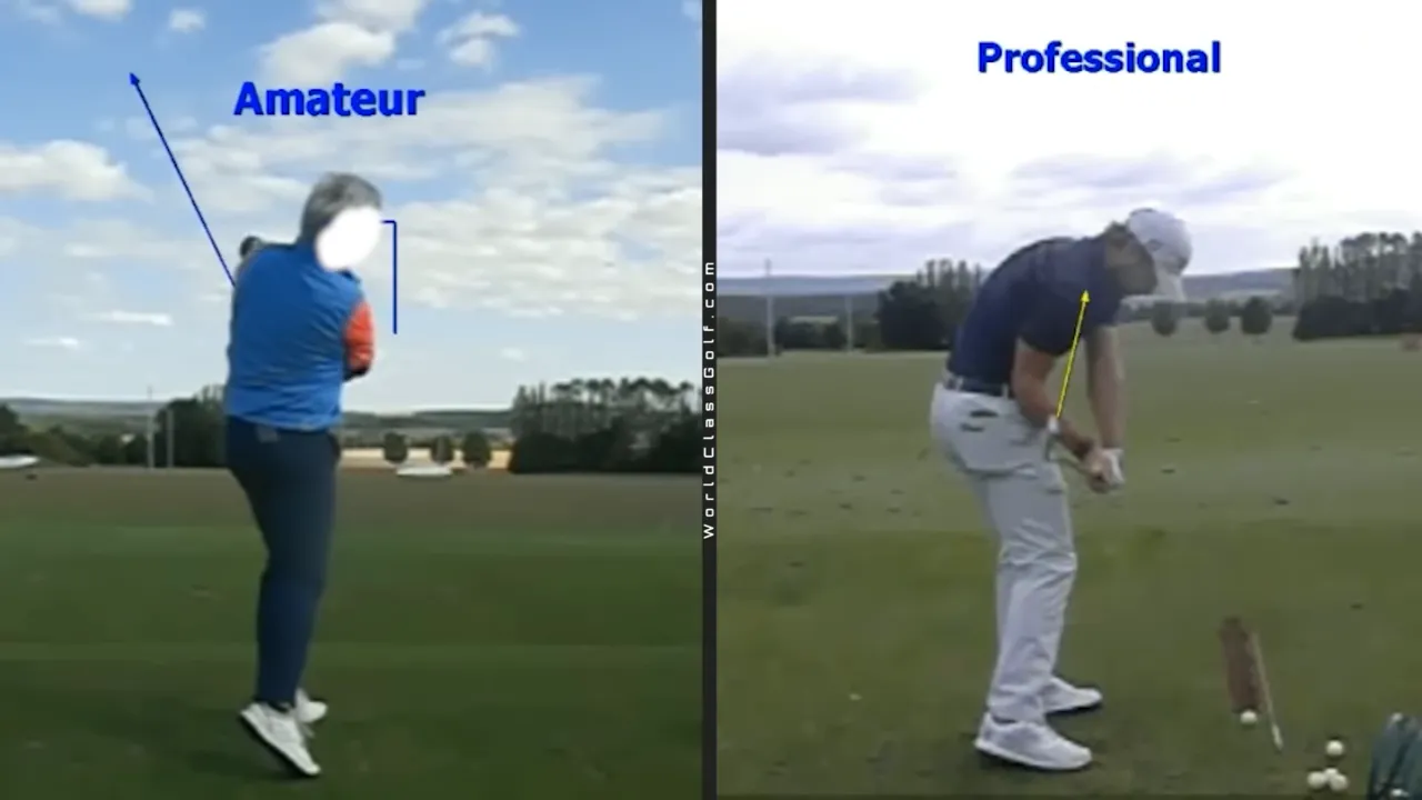 Split image showing an amateur in follow-through on the left and a professional at impact on the right illustrating turn-with-tilt and shoulder plane.
