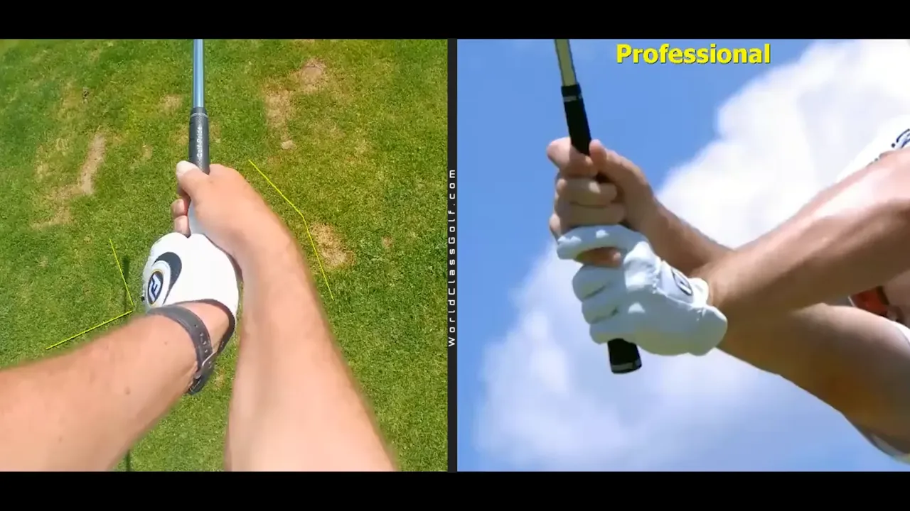 Close-up of golfer hands illustrating right wrist flexion and left wrist extension.