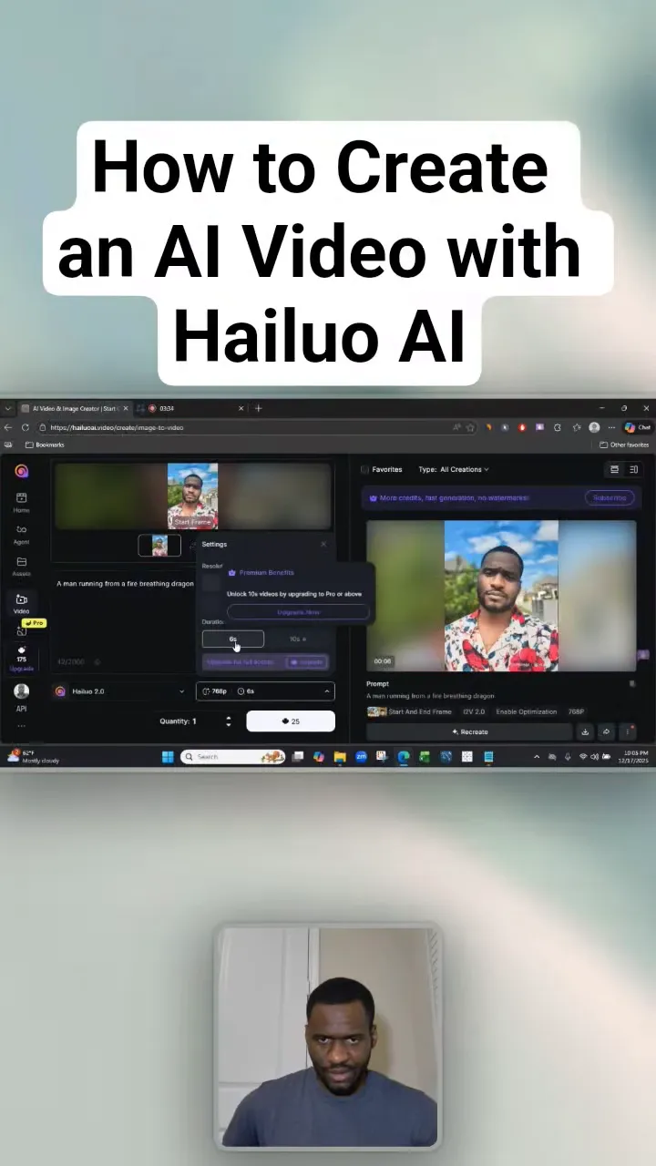 Hailuo AI interface with a settings popup showing duration set to 6 seconds and an upgrade prompt