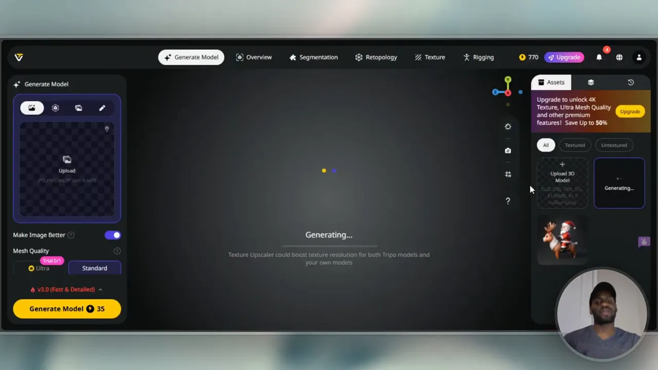 Tripo AI interface showing a centered 'Generating...' message with the Generate Model panel visible on the left.