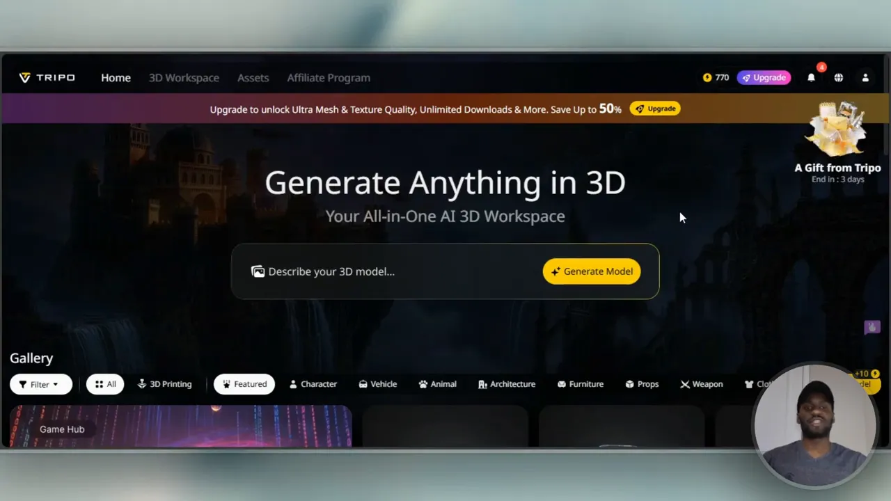 Tripo AI homepage showing 'Generate Anything in 3D' headline and a 'Describe your 3D model' prompt