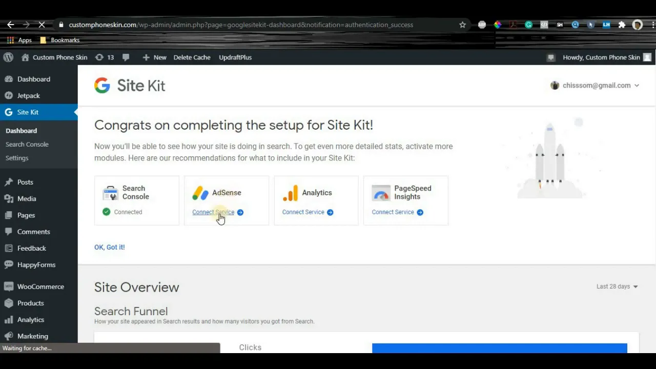 WordPress Site Kit dashboard showing Search Console connected and a visible 'Connect Service' button under AdSense, Analytics and PageSpeed Insights.