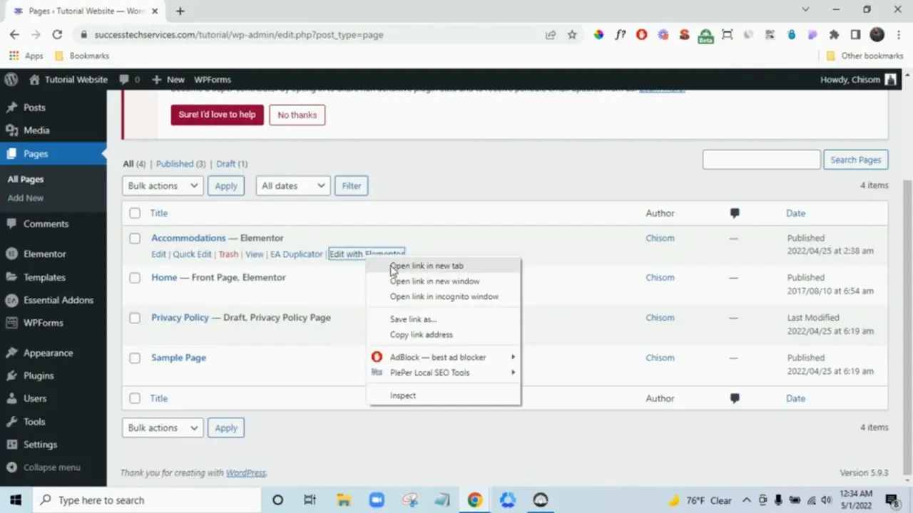 WordPress Pages screen showing a right‑click context menu with the 'Edit with Elementor' option highlighted