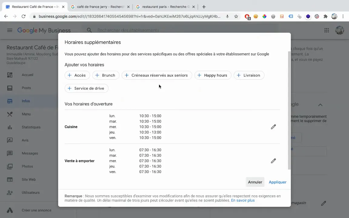 Horaires supplémentaires et spéciaux