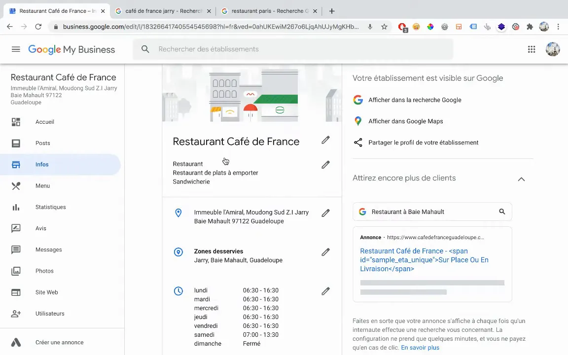 Section info du nom de l'établissement Google Business