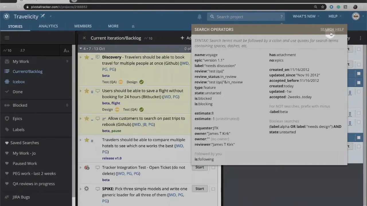 LiteTracker screen with the search box and the 'Search Operators' help popup visible, plus the left sidebar and backlog.