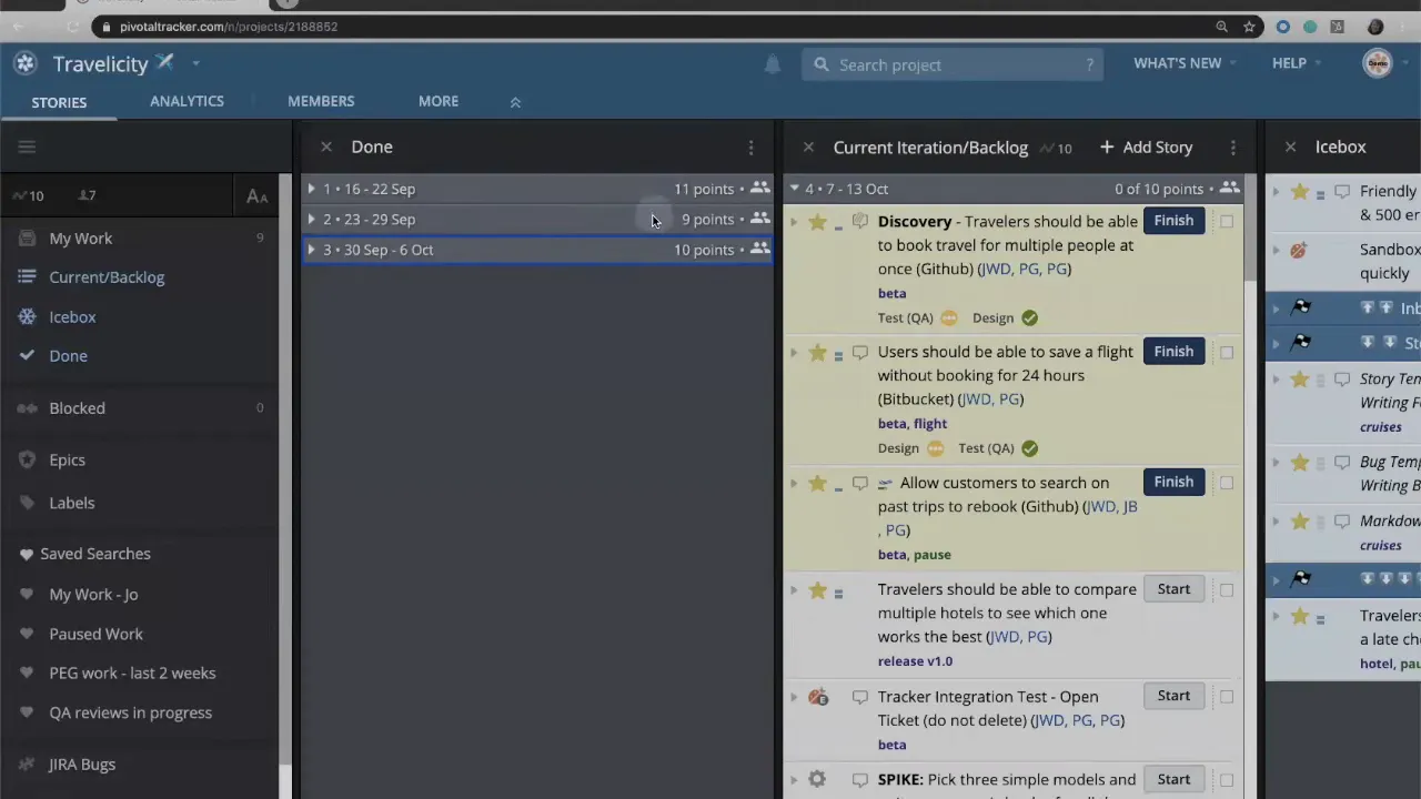 LiteTracker backlog and current iteration panel showing '0 of 10 points' and story cards with estimate markers