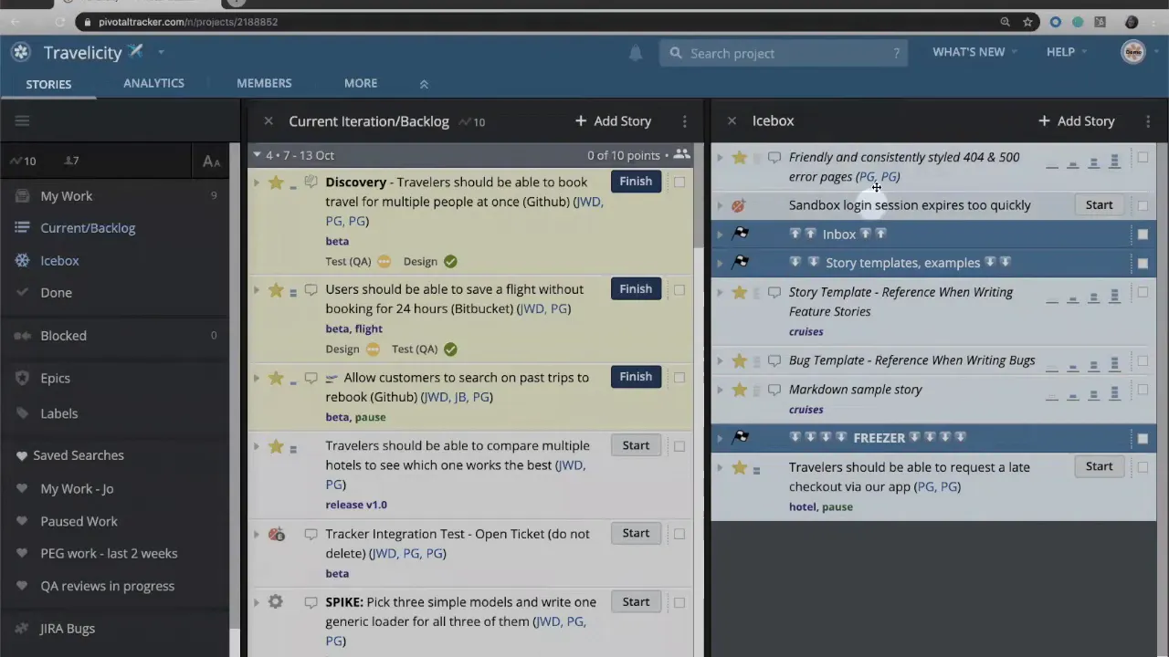 LiteTracker interface with Current Iteration/Backlog in the center and the Icebox panel expanded on the right; an icebox item is highlighted.