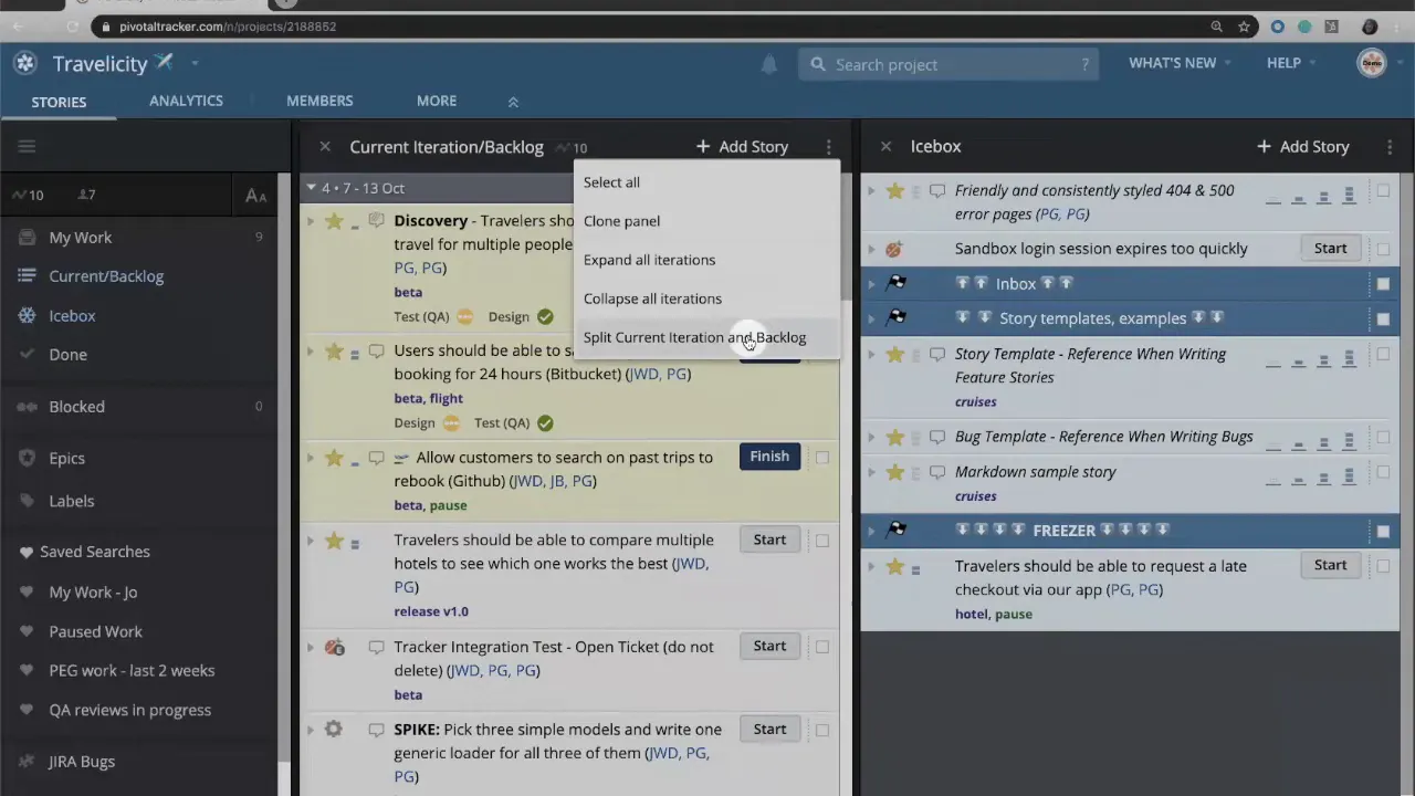 LiteTracker interface with a context menu open showing the 'Split Current Iteration and Backlog' option and three-column layout visible