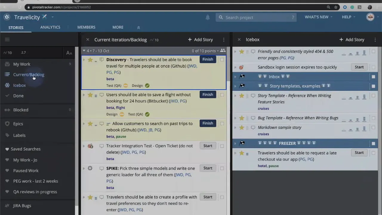 LiteTracker screen with cursor selecting Current/Backlog in the left sidebar and the backlog and icebox panels visible.