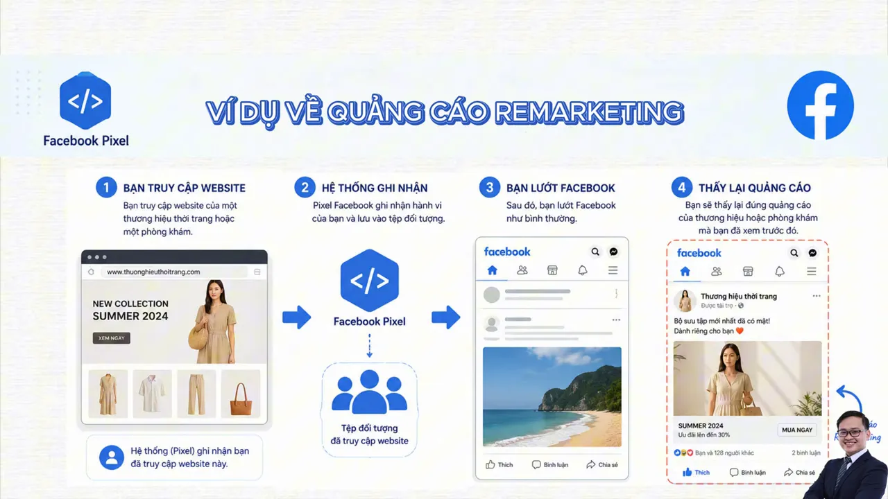 Sơ đồ website thời trang kết nối Facebook Pixel, tệp khách hàng và các quảng cáo Facebook