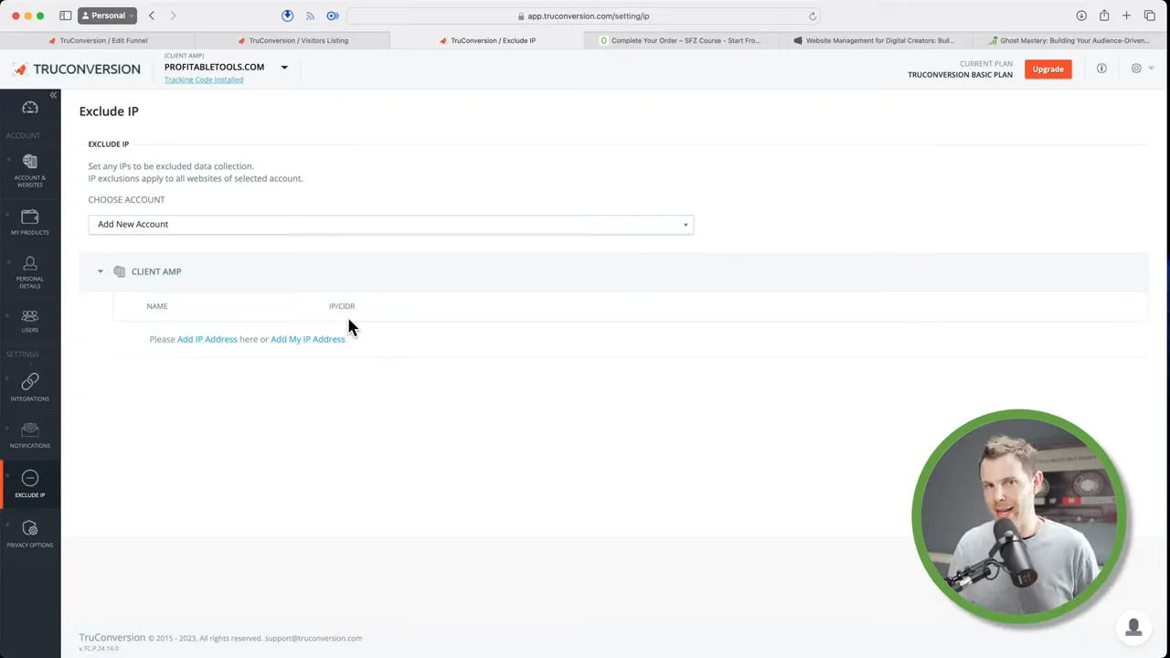 TruConversion Exclude IP 設定頁截圖，游標指向 IP 地址輸入提示