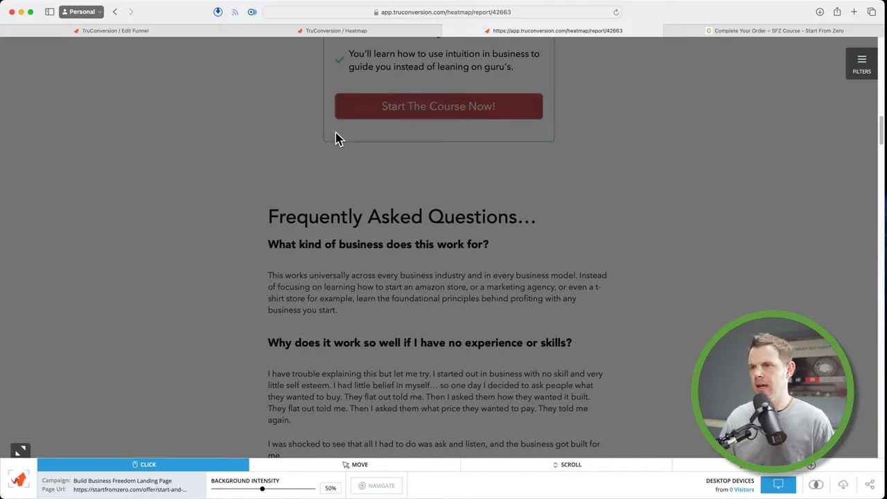 TruConversion 熱圖報表顯示 FAQ 內容與互動分析畫面