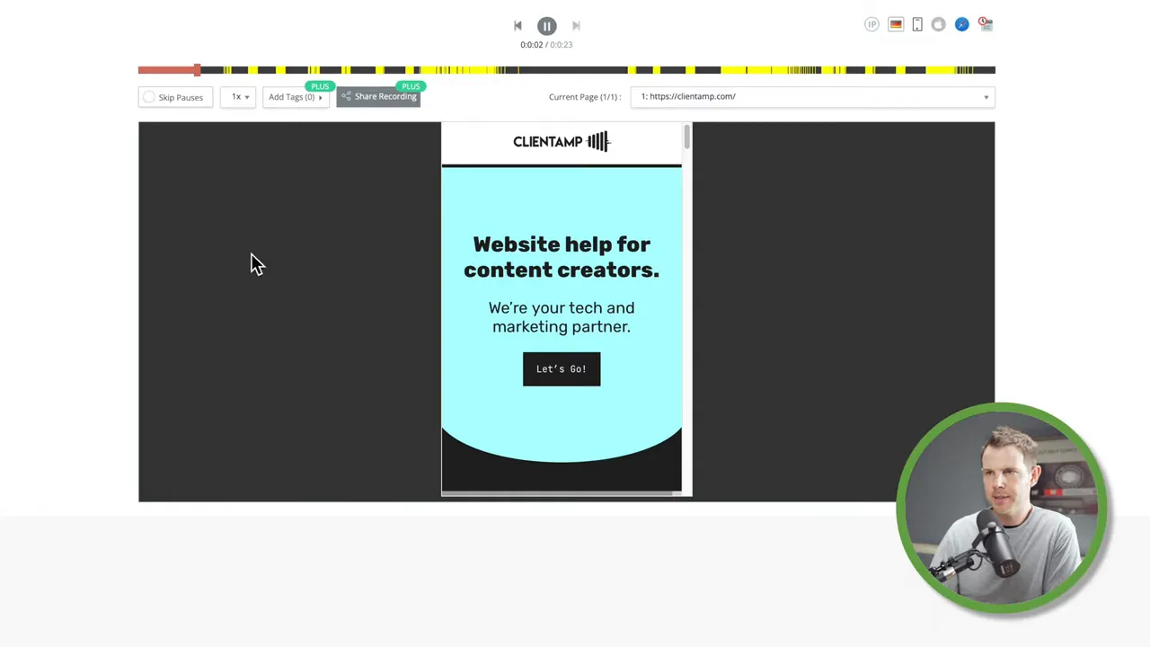 TruConversion 錄影回放示意圖，顯示網站頁面與播放時間軸