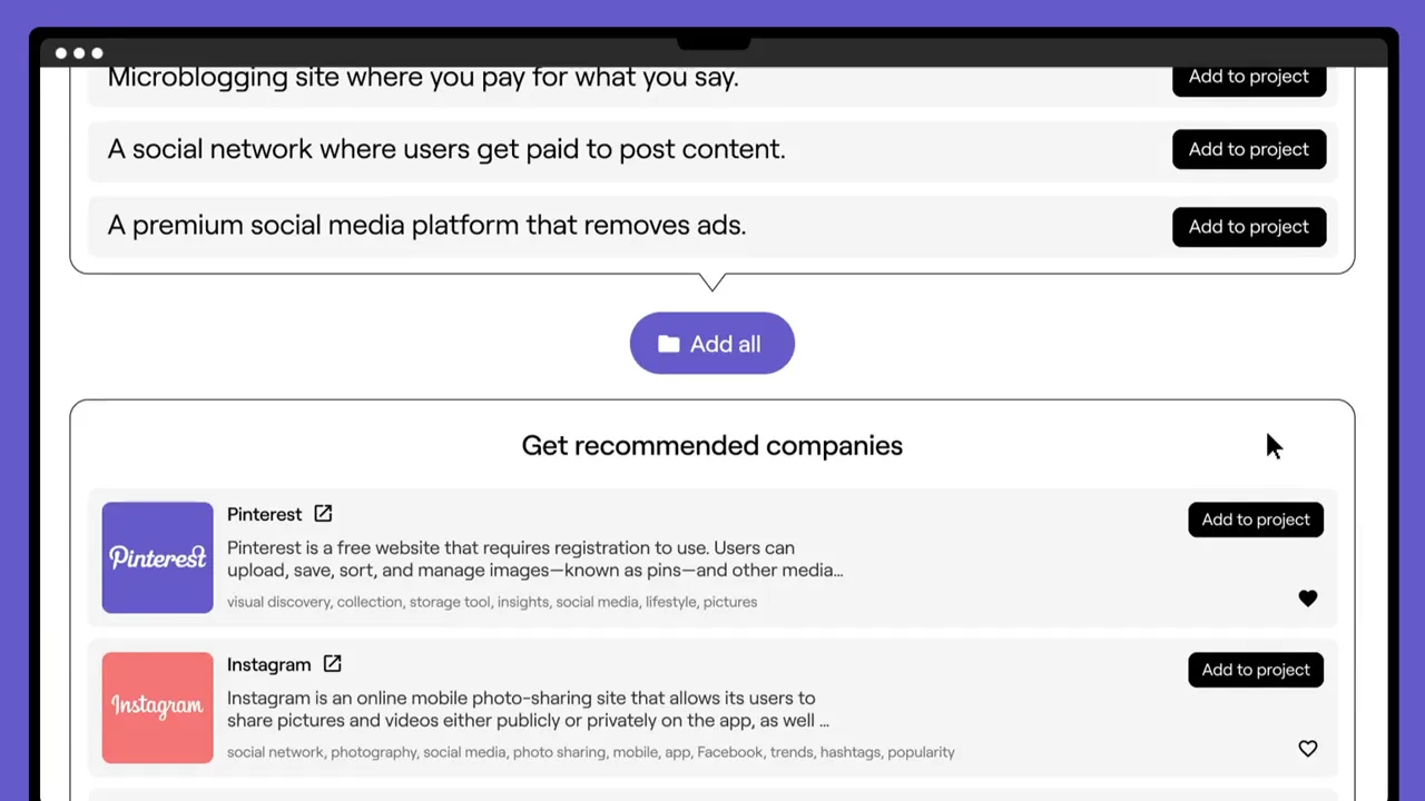 Vizologi 介面：AI 生成的商業想法清單與專案按鈕