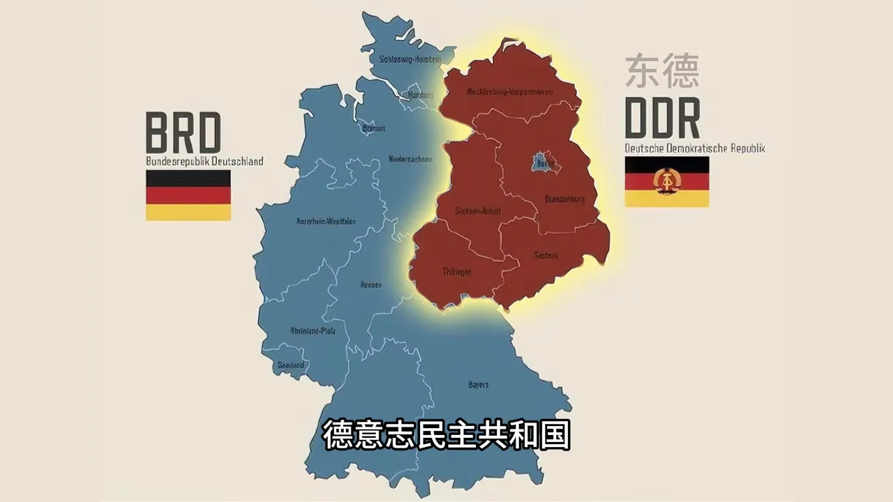 以藍色與紅色區分西德與東德的地圖，兩側標示BRD與DDR及旗幟