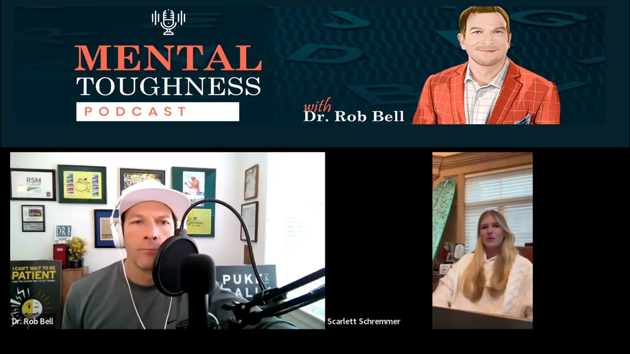 Clear podcast shot of Scarlett Schremmer speaking in a vertical guest frame beside host Dr. Rob Bell