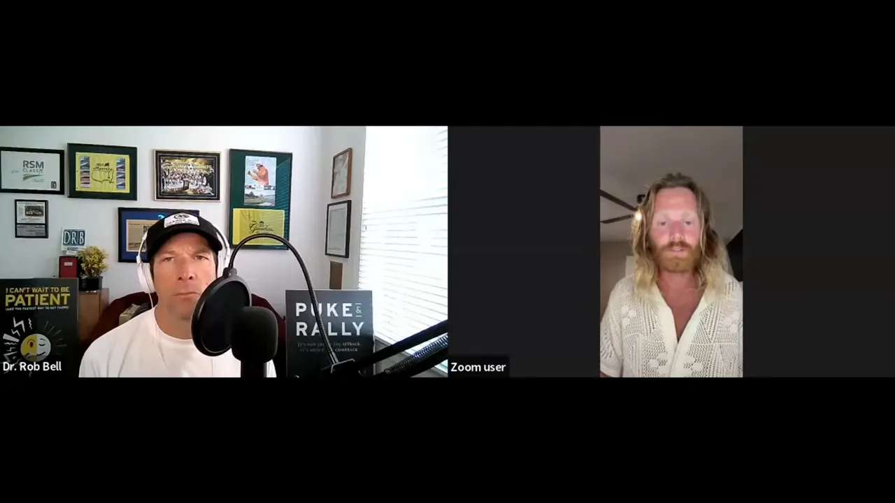 Zoom interview screenshot showing a host at a microphone on the left and a guest looking at the camera while speaking on the right