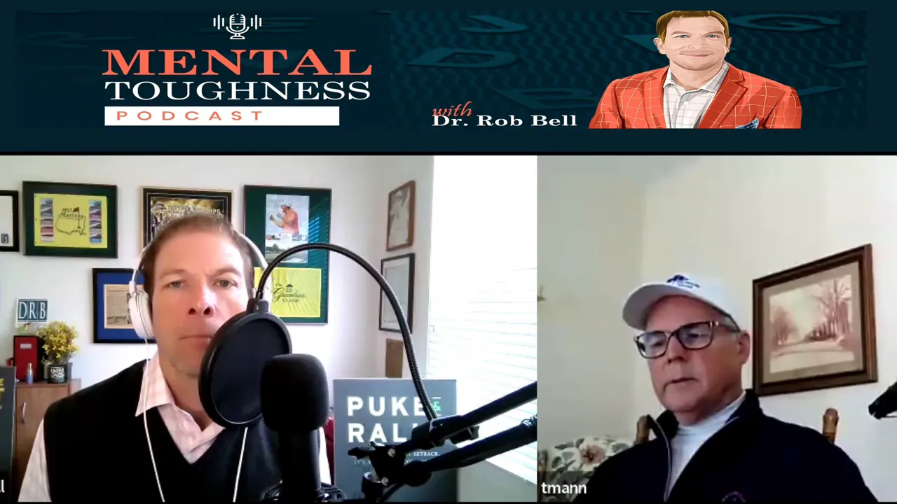 Mental Toughness podcast split-screen showing the host at his microphone and a guest on a video call, with the show banner across the top.