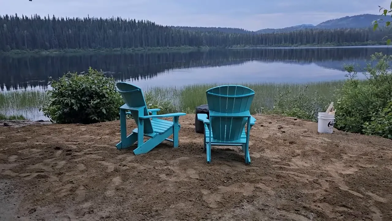 Off grid life - turquoise adirondack chairs arranged beside the lake overlook