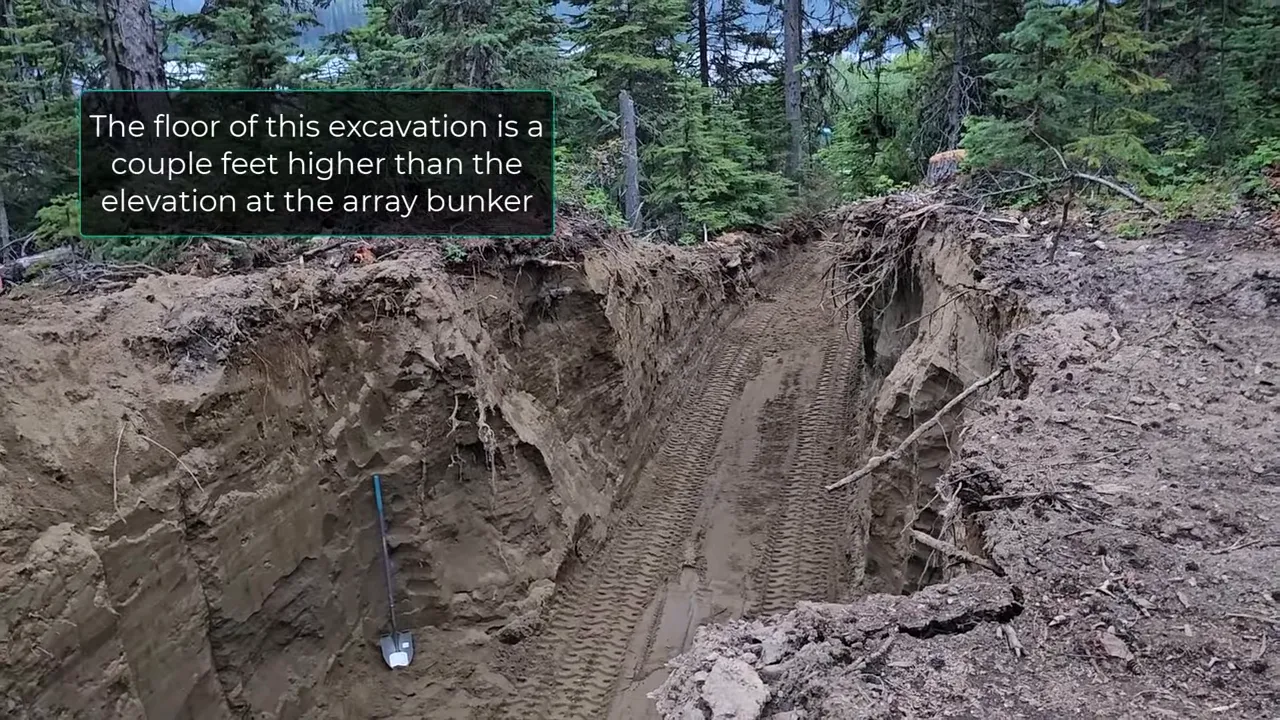 Off grid life - excavation wall with on-screen safety text over steep exposed soil