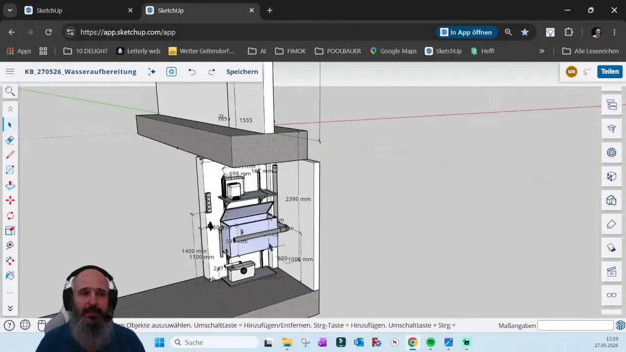 SketchUp 3D model showing Project KB technical tank arrangement for front-side maintenance access