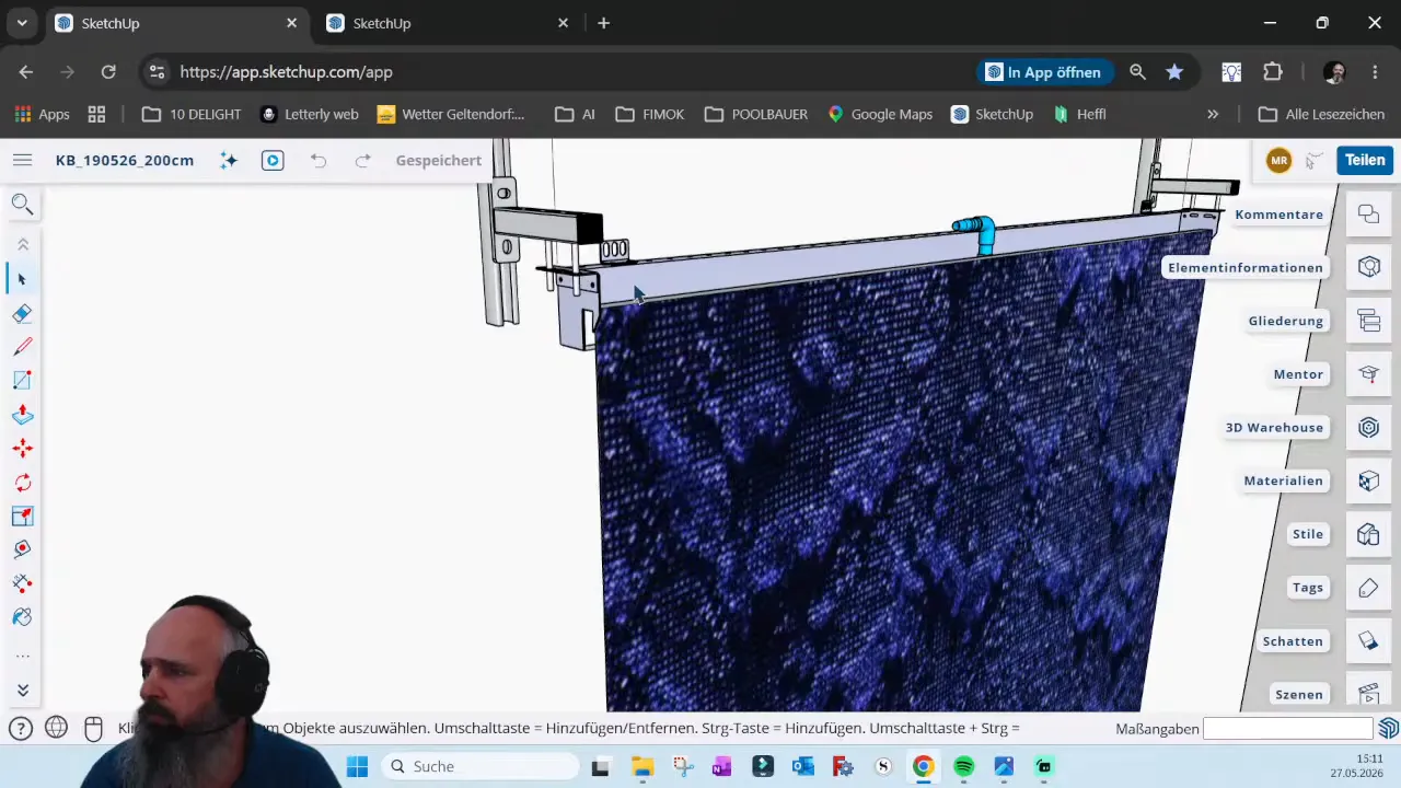SketchUp 3D model close-up of mesh waterfall mesh surface and top connection detail