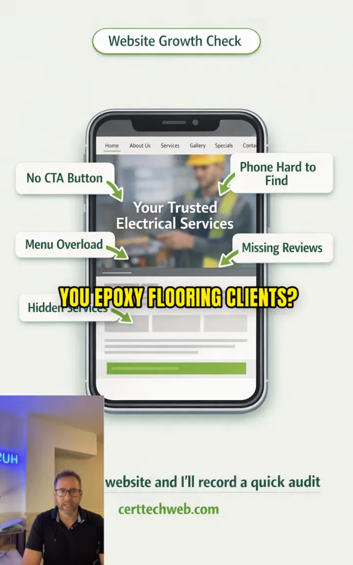 Illustrated service business website on a phone with labels identifying no CTA button, a hard-to-find phone number, and hidden services